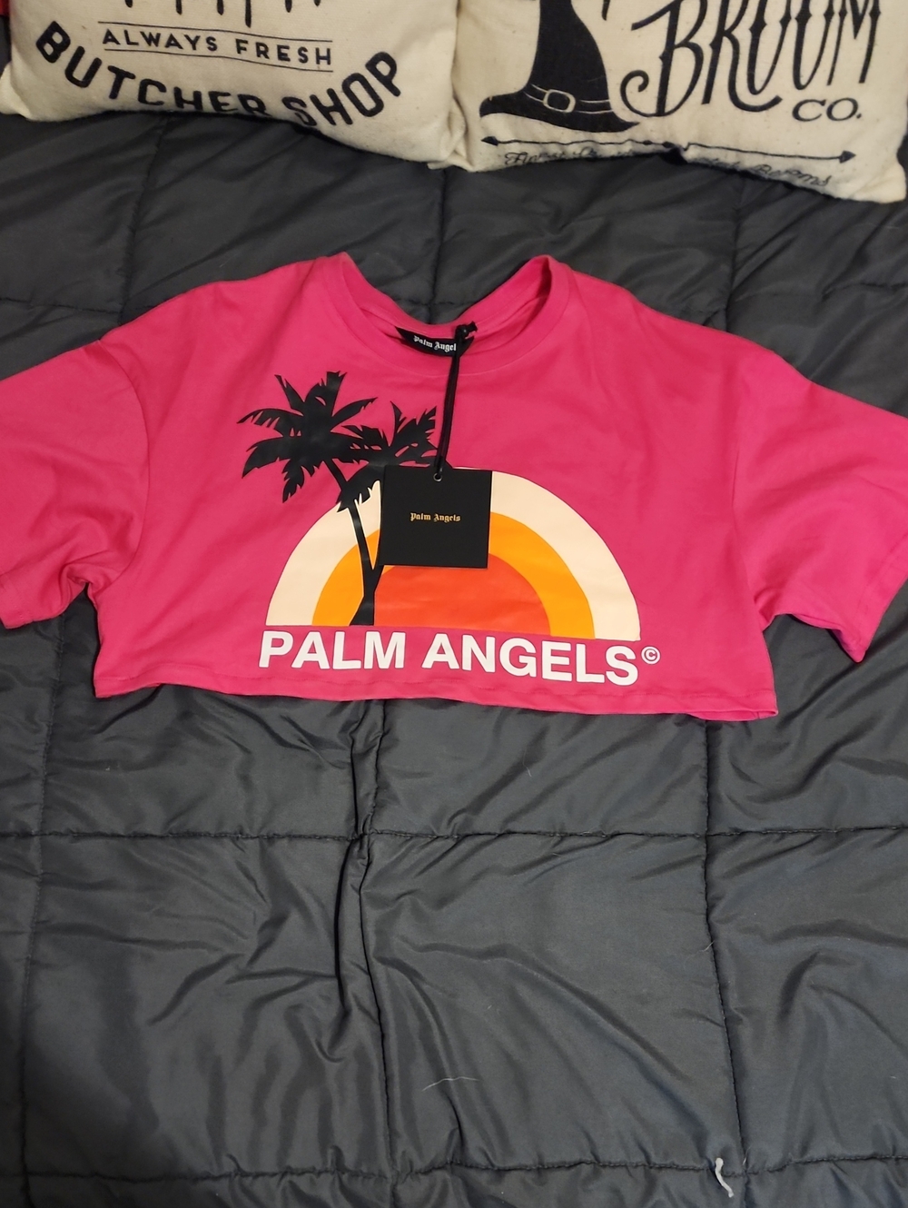 Authentic Palm Angels Hot Pink Sunset Palm Graphic Cropped Shirt Size Small! NWT